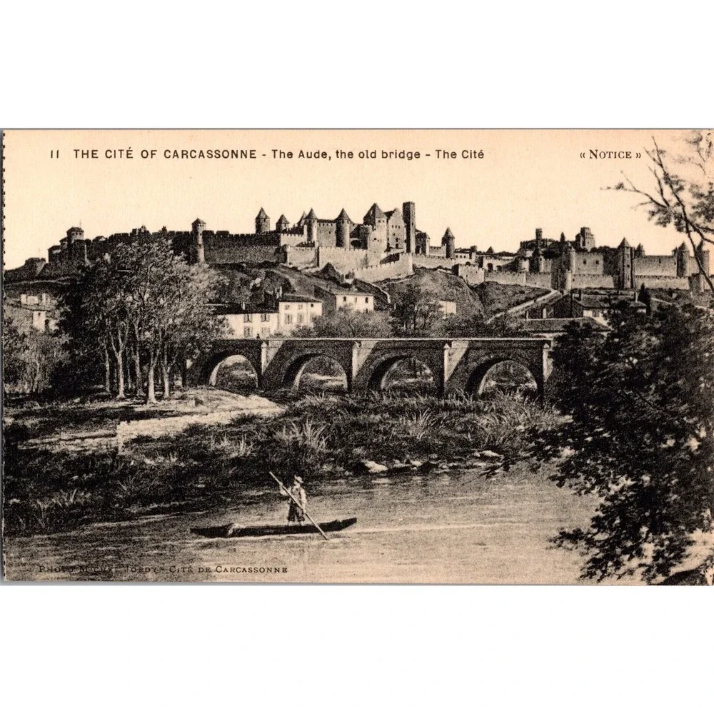 Vintage‎ Carte-Notice Postcard of The Cité of Carcassonne & Old Bridge